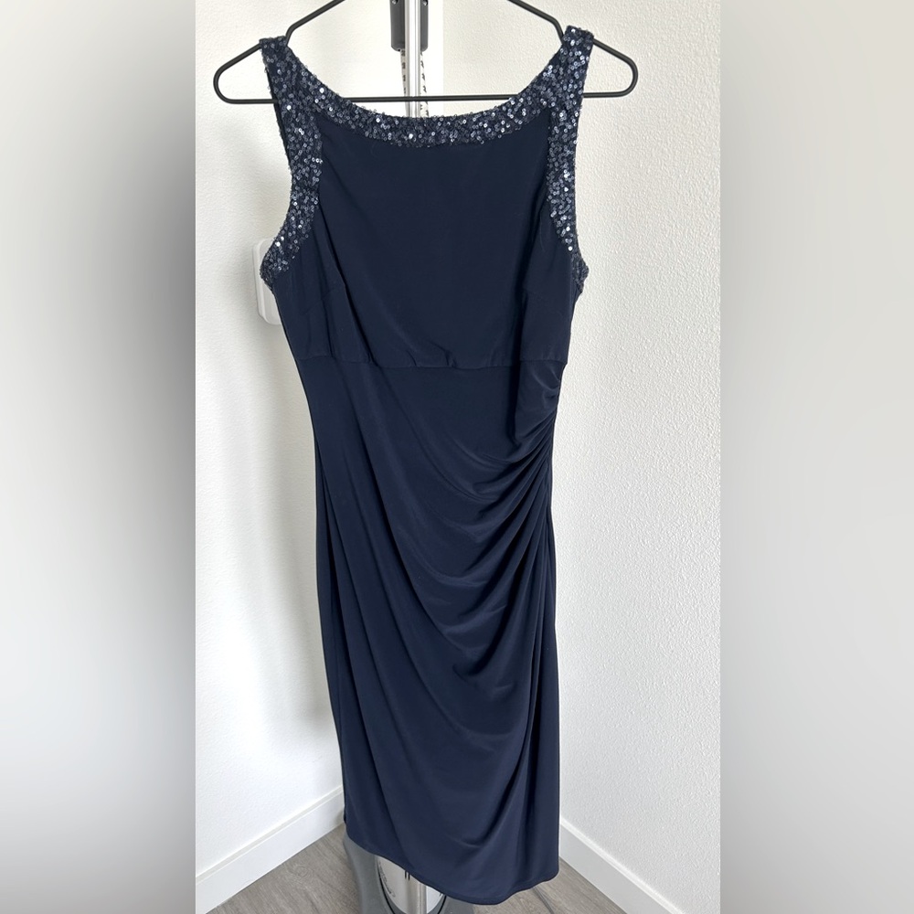 Navy Blue Sequin Neck Sleeve Trim Ruched Side Knee-Length Dress